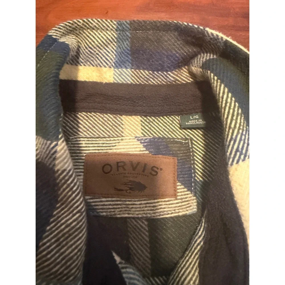 Orvis Mens Plaid Flannel Shirt Jacket Blue Green Cream Pockets Large L/G